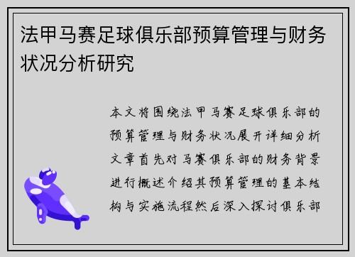 法甲马赛足球俱乐部预算管理与财务状况分析研究
