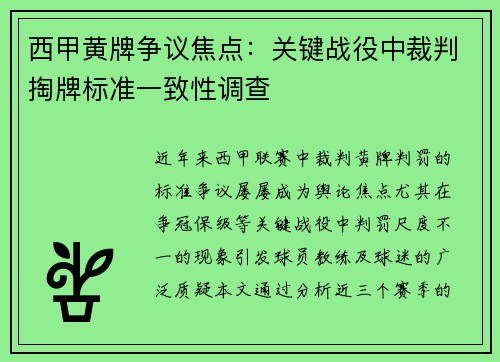 西甲黄牌争议焦点：关键战役中裁判掏牌标准一致性调查