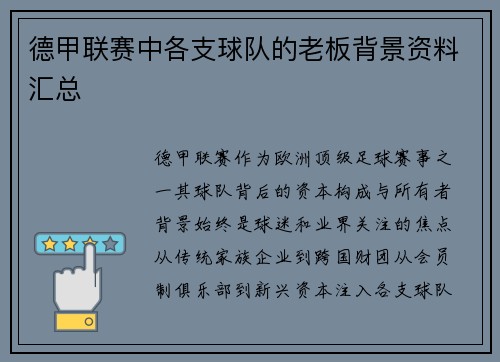 德甲联赛中各支球队的老板背景资料汇总
