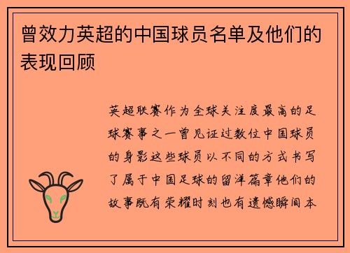 曾效力英超的中国球员名单及他们的表现回顾