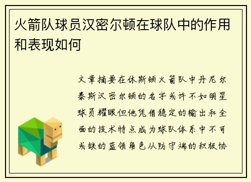 火箭队球员汉密尔顿在球队中的作用和表现如何